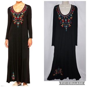 Womens Soft Surroundings Black Floral Embroidered Long Sleeve Maxi Dress BOHO XL